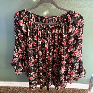 Chaps Black and Pink Ruffled 3/4 Sleeve Blouse